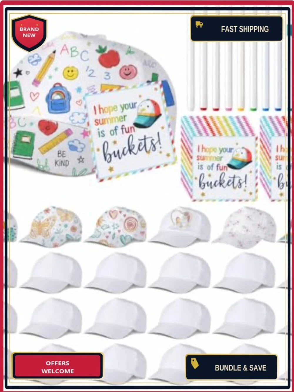 24 Pack White DIY Baseball Caps with Markers for Kids Party Classroom Gift